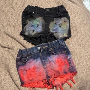 Distressed Black and Red Denim Shorts